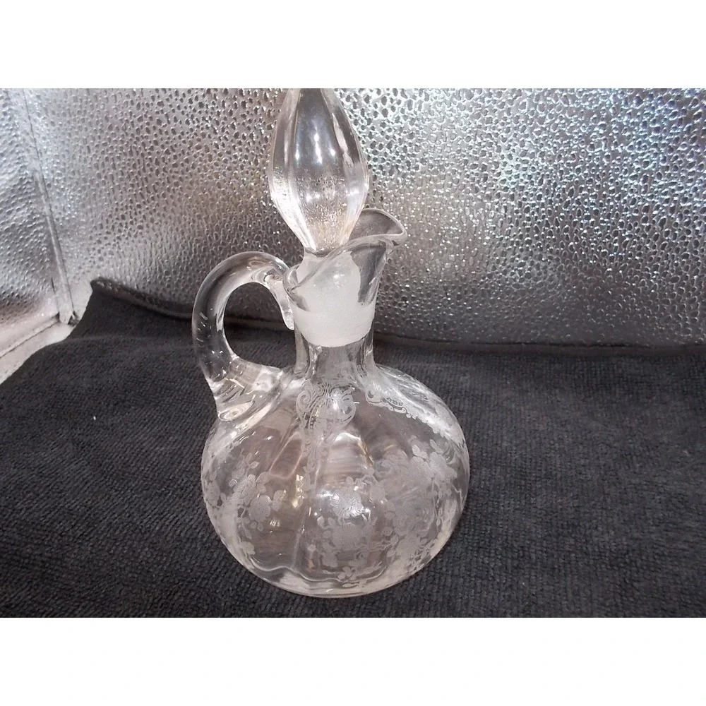 Vintage Etched Glass Cruet with Stopper Floral Vine Pattern Clear Ribbed Bottle